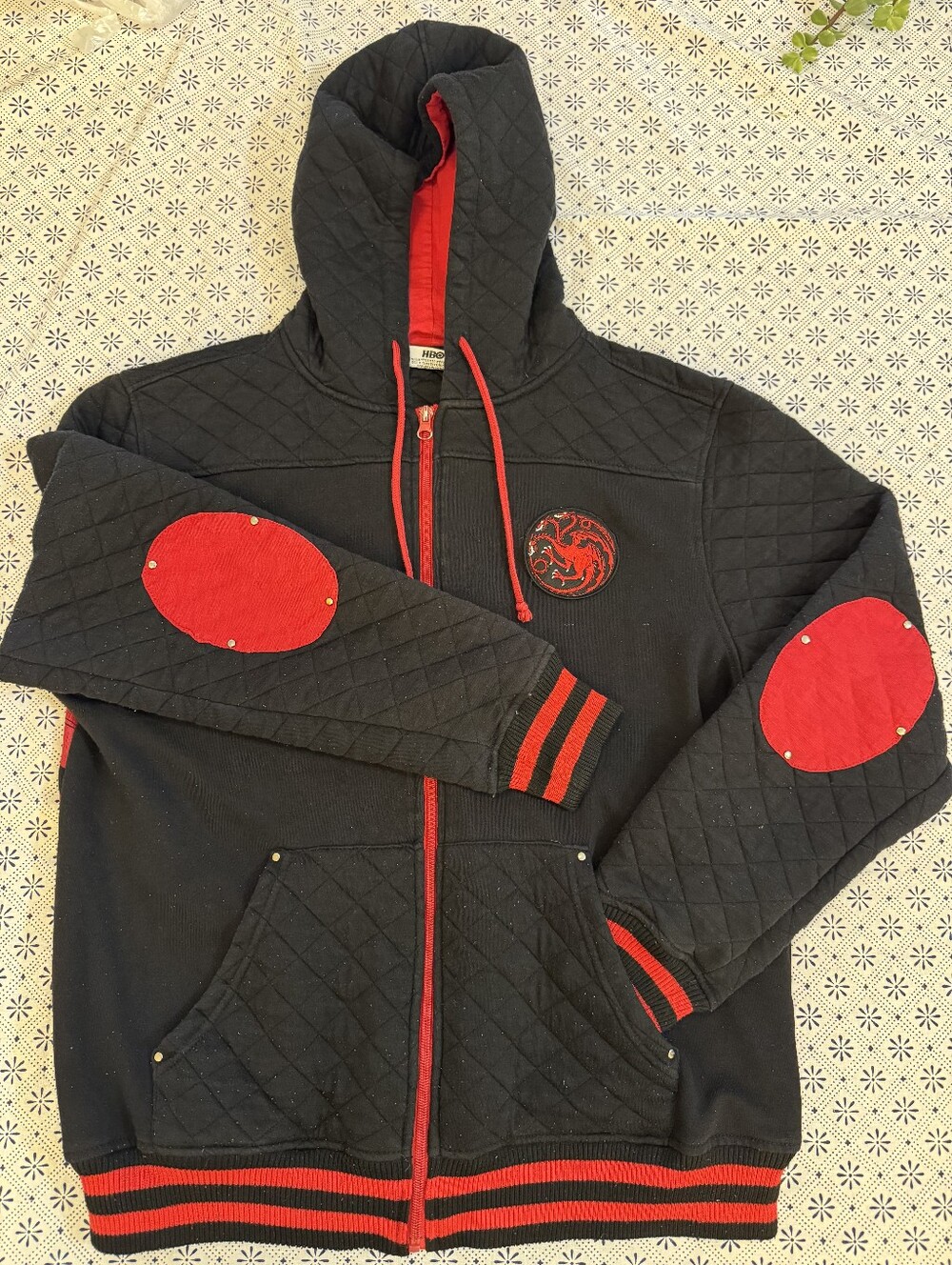 HBO Game of Thrones Targaryen Quilted Zip Hoodie Fire and Blood Red Black